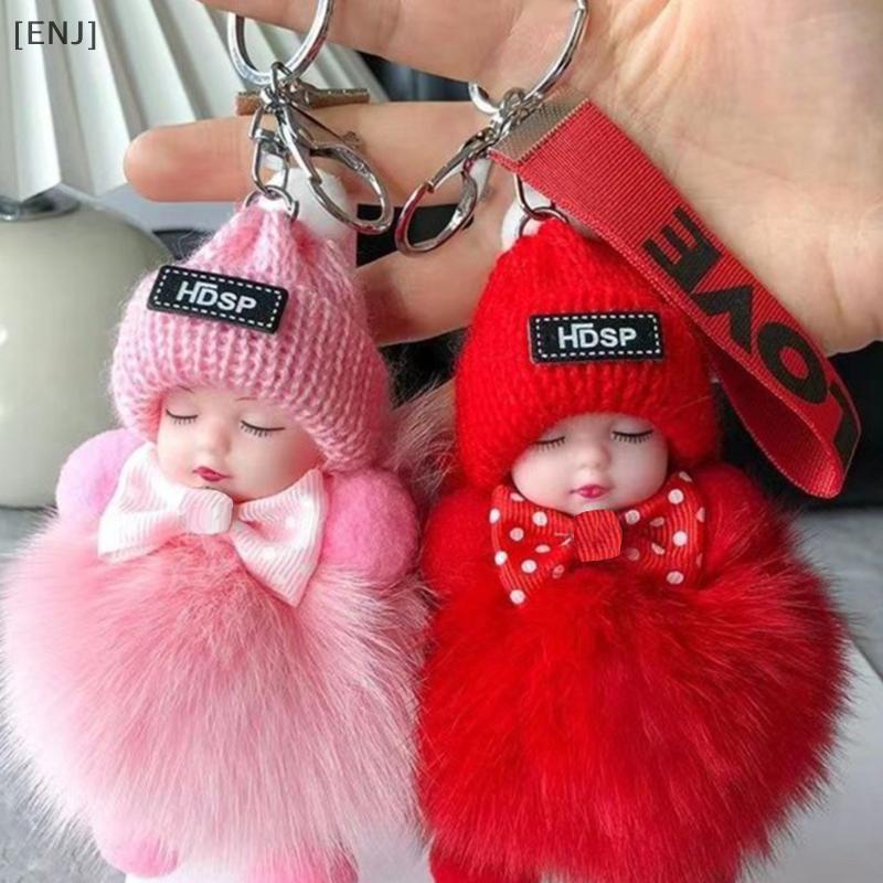[ENJ] Sleeping Baby Keychain Cute Fluffy Plush Doll Keychains Women Girl Bags Pendant Cars Key Ring Bapa Decoration Gift null