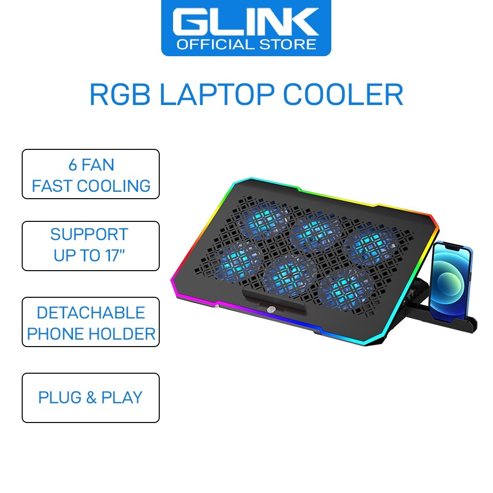 Glink RGB Laptop Cooler with 6 Fan Fast Cooling, Support Up to 17" Laptop, 5 Level Adjustable Height, Powered by USB