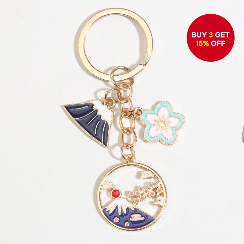 New New Cartoon Cherry Blossom Mount Fuji Enamel Keychain Flower Plant Key Ring for Women Handmade Jewelry Set Gantungan Kunci Bunga Sakura Gunung