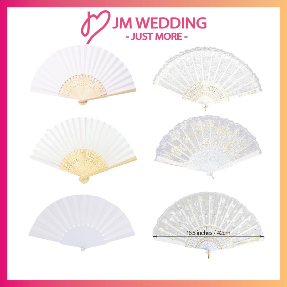 JM# PURE PUTIH White Paper Silk Bamboo Hand fan Kipas Tangan Plastic Fans Doorgift Kahwin Theme