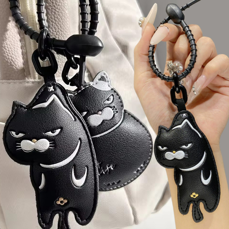 Cute Cool Black Cat Backpack Decor Keychain - Cartoon PU Leather Fat Kitten Keyring- with Funny Expression Design