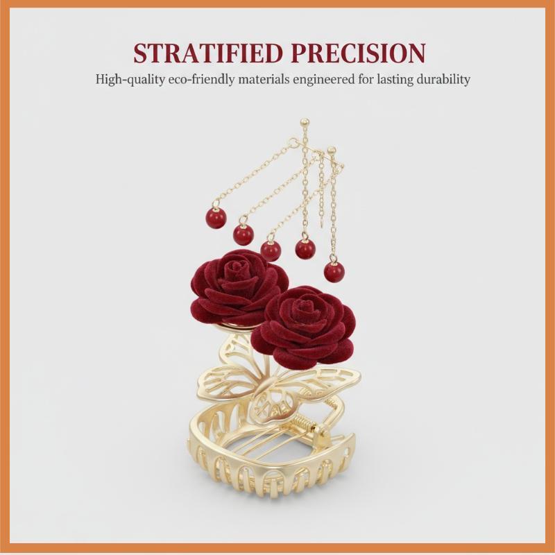 [WY2] 1pc Vintage Elegant Red Floed Rose sel Hair Clip Stylish Ponytail Claw Crab Clip For Girls Women Delicate Hair Accessories [MY]