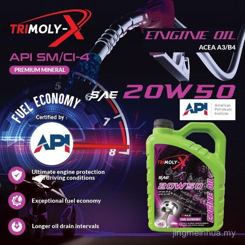 TRIMOLY-X TRIMOLYX 20W50 MINERAL ENGINE OIL API SM/CI-4 4L Car Minyak Hitam Minyak Enjin Kereta TRIMOLY-X TRIMOLYX 20W50 Minyak Enjin Mineral 4L API SM/CI-4 – Minyak Hitam Kenderaan Petrol & Diesel Minyak Enjin Mineral Berkualiti Tinggi Untuk Semua Kereta