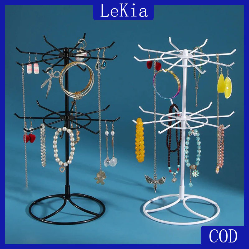 Round Jewelry Display Stand Holder Metal 2 Tier Keychain Shelf Rings Earrings Hair Band Storage Rack Papan Paparan