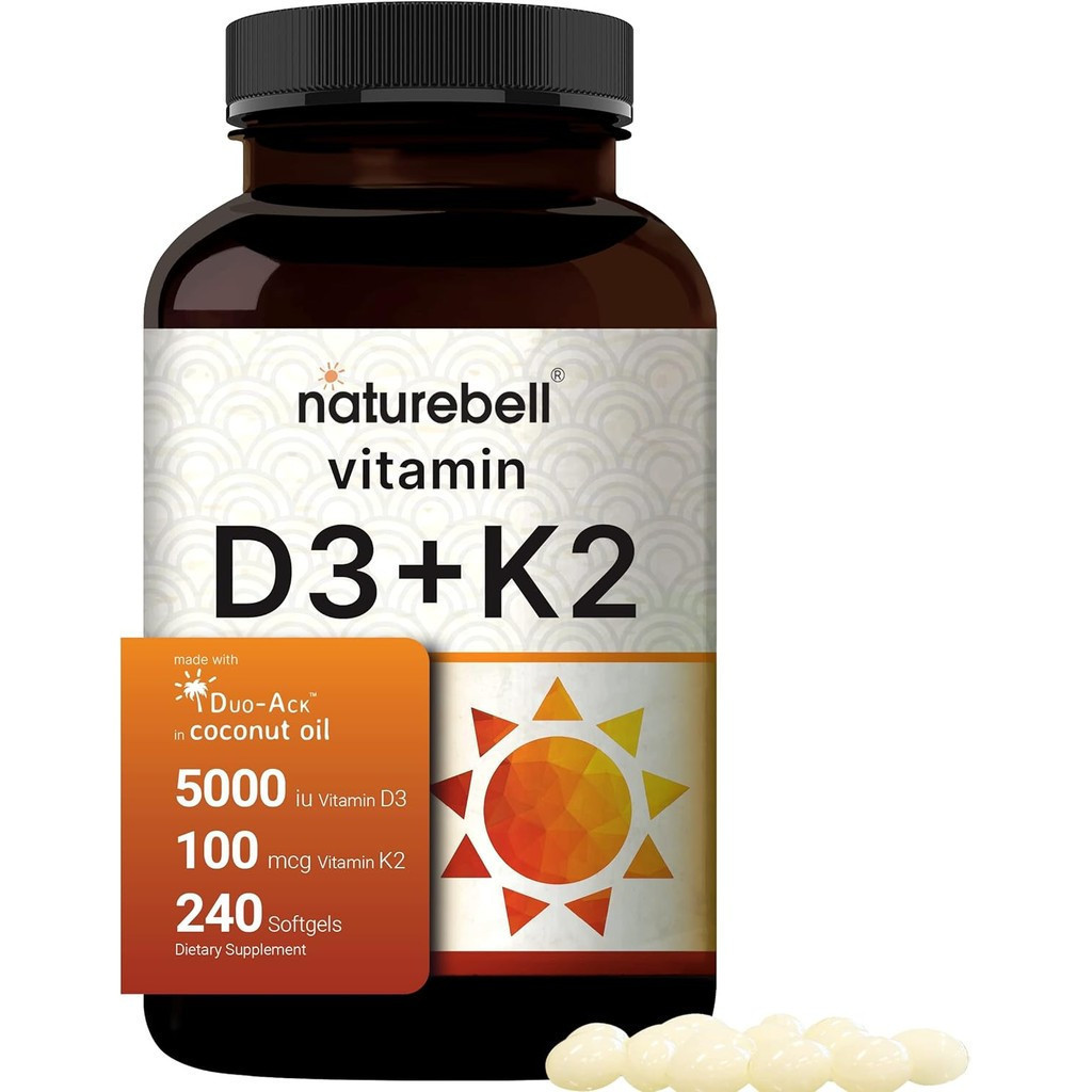 NatureBell Vitamin D3 5,000 IU+K2 100 mikrogram 240 kapsul lembut | Gunakan minyak kelapa tulen setiap hari, formula dua-dalam-satu. | Tulang, jantung, dan sistem imun. | Borang MK-7 | Tiada bahan P