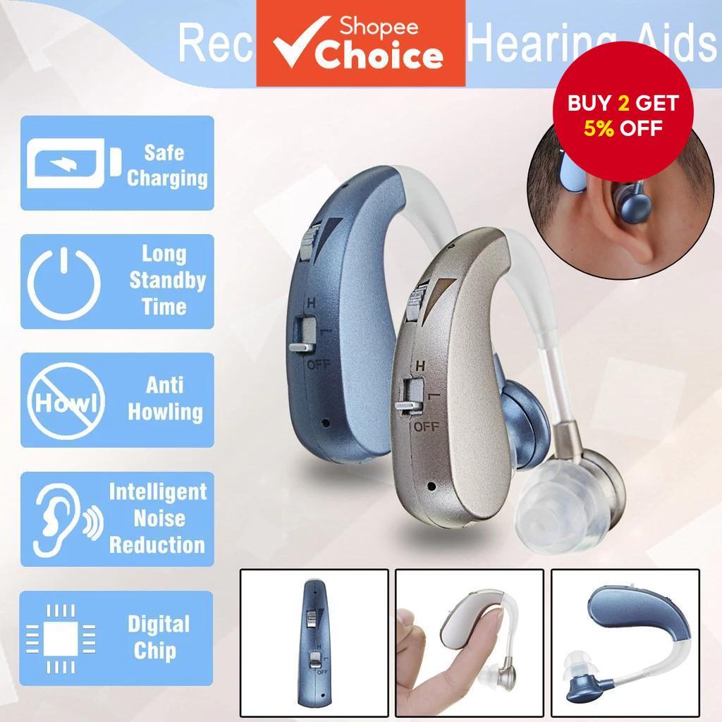 Hearing Aid Auxiliary Headphones Rechargeable Crystal Clarity Sound Amplifier Noise Cancelling Gift For Seniors Hanging Ear Style Blue Golden Premium Finish Universal Fit