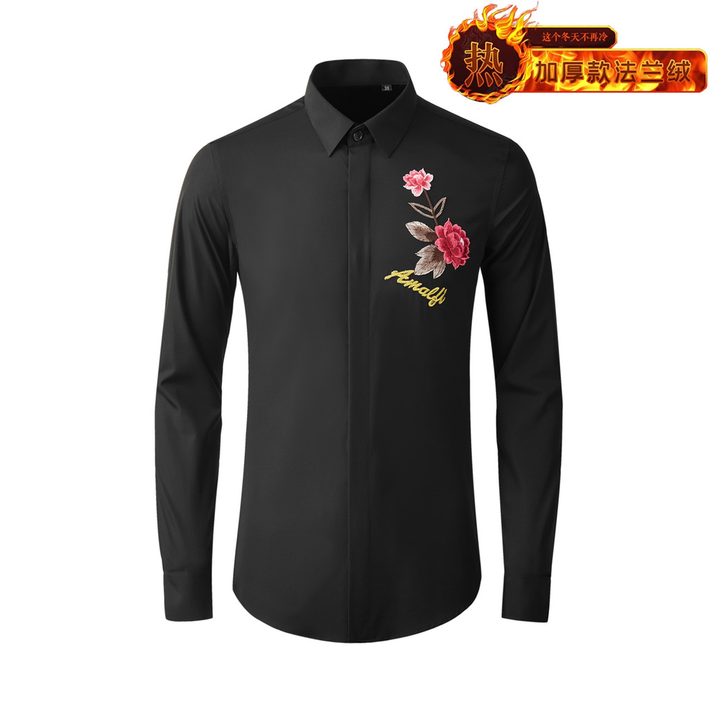 Fashion New Style English Signature Rose Flower Badge Embroidered Shirt Fleece Long Sleeve Men's High-End Trendy Shirt