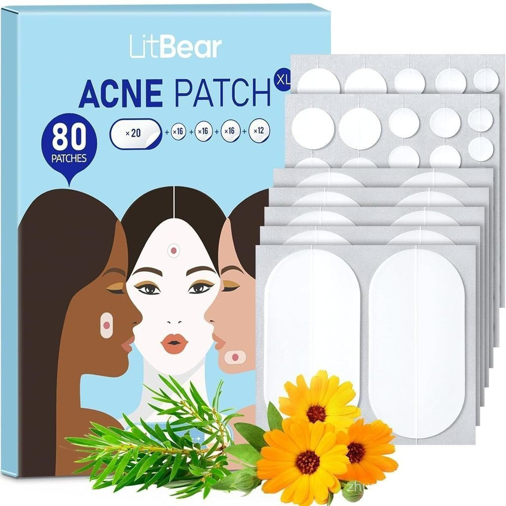 LitBear Large Acne Pimple Patches, 5 Sizes 80 Patches for Large Breakouts, Acne Patches for Face, Chin or Body, Acne Spot Patch with Tea Tree & Calendula Oil, Hydrocolloid Bandages