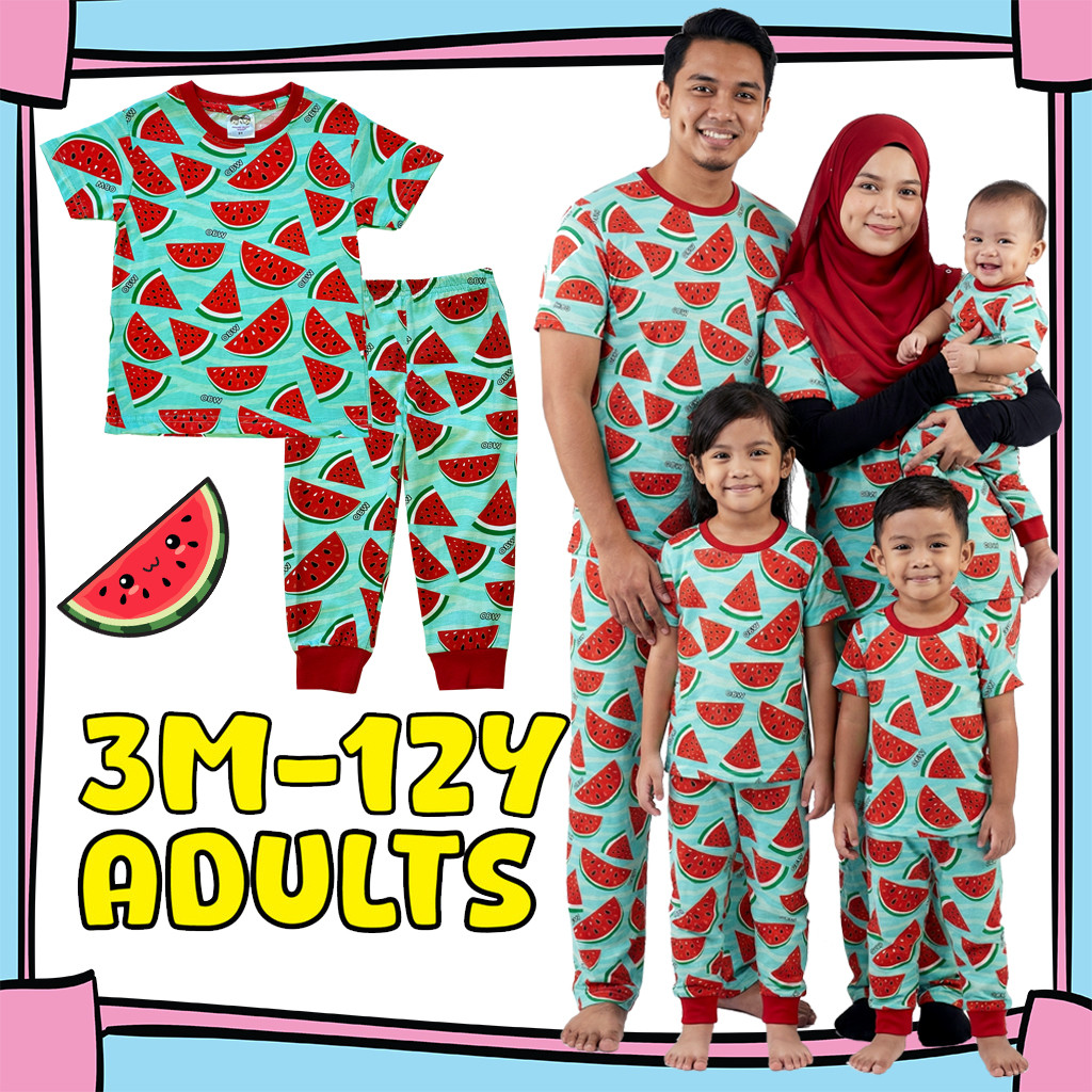 (3M-Adult) OBW AQUA MINT MELON SPLASH Pajamas Cotton Kids Sedondon Pyjama Girl Boy Baju Tidur Budak Family Set Plus Size