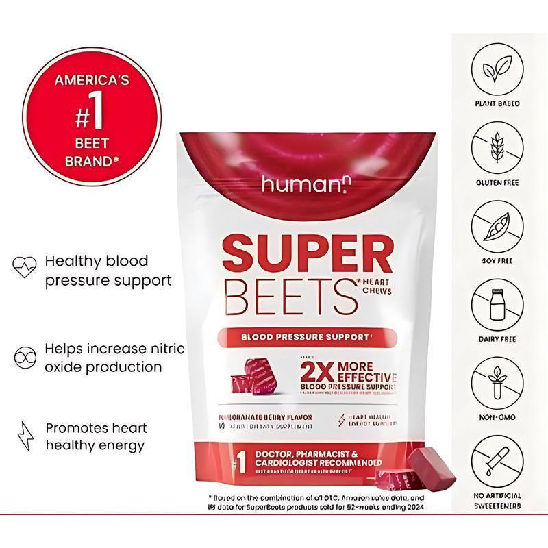 Humann SuperBeets Heart Chews - Nitric Oxide  for Blood Pressure & Cardiovascular Support, Plant-Based Antioxidants, Pomegranate Berry Flavor, 60 Count Nutrition Benefits Fitness E