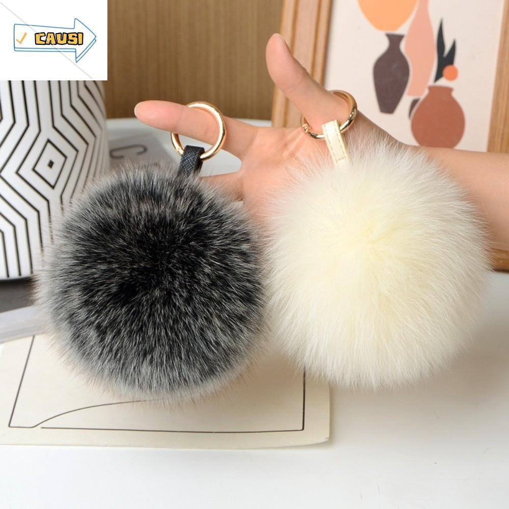 CAUSI Hairball Keychain, Metal Ring Pendant Bag Charm Trendy Fluffy Fur Pom Pom Keychain, High Quality Fluffy Real  10cm Plush Pendant Women