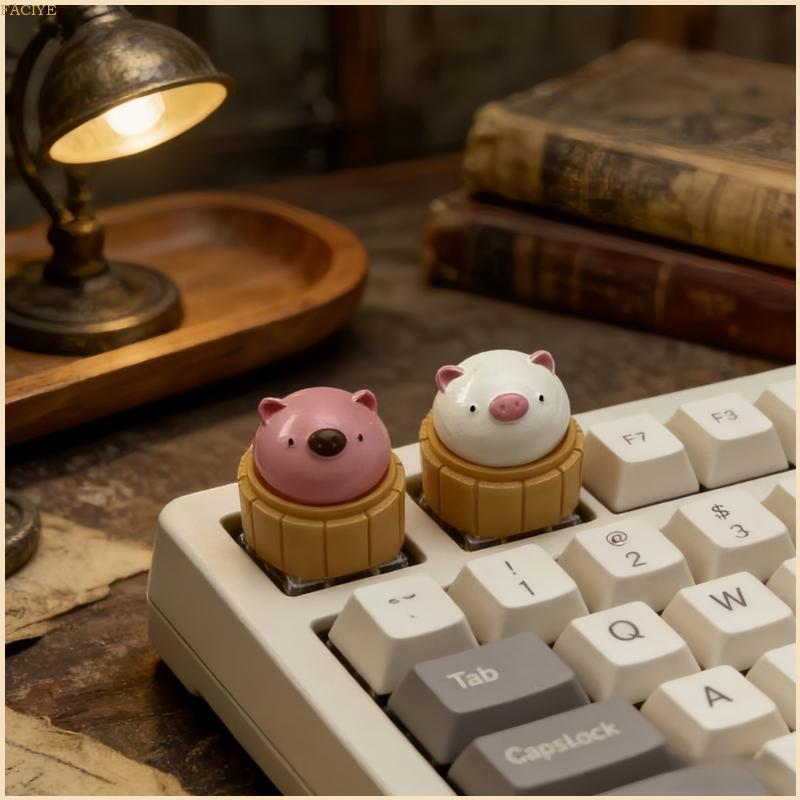 FACY Lovely Pink And White Pig Bun Magnetic Keycap Smooth Resin For Gaming Keyboard