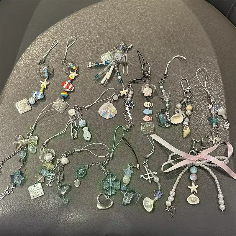 Y2K Blue Handbag Charm Bow Heart Star Keychain Pendant Kawaii Bag Ornament Backpack Tag Sweet Accessories for Girls Women