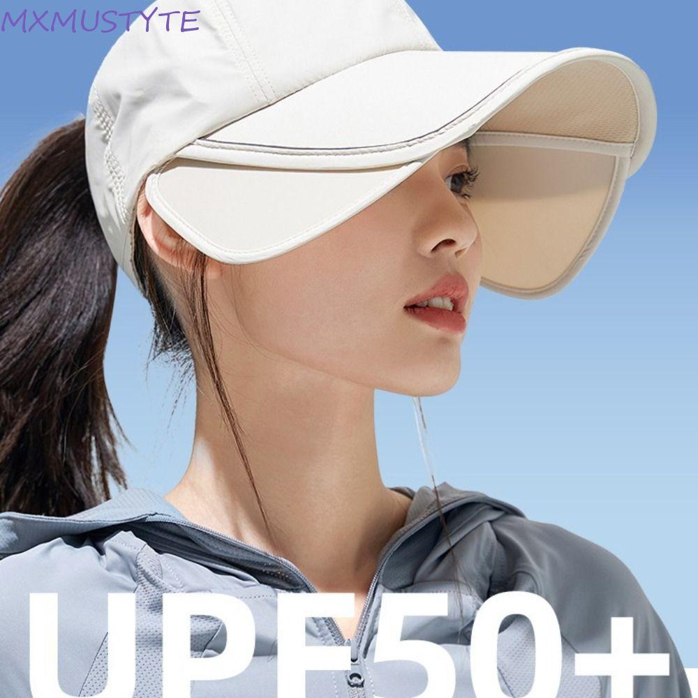 MXMUSTYTE Sunscreen Baseball Hat, Wide Brim Adjustable Visor Retractable Sun Hat, Casual Quick Dry Sun Protection Reflective Strip Sports Cap Women/Men