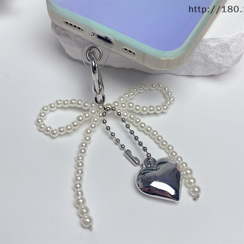 [jewelrybase] Delicate Beaded Key Chain Handmade Bow Shaped Keyring Heart Keychain Ornament Pearl Decoration For Bags And Phones [TH]