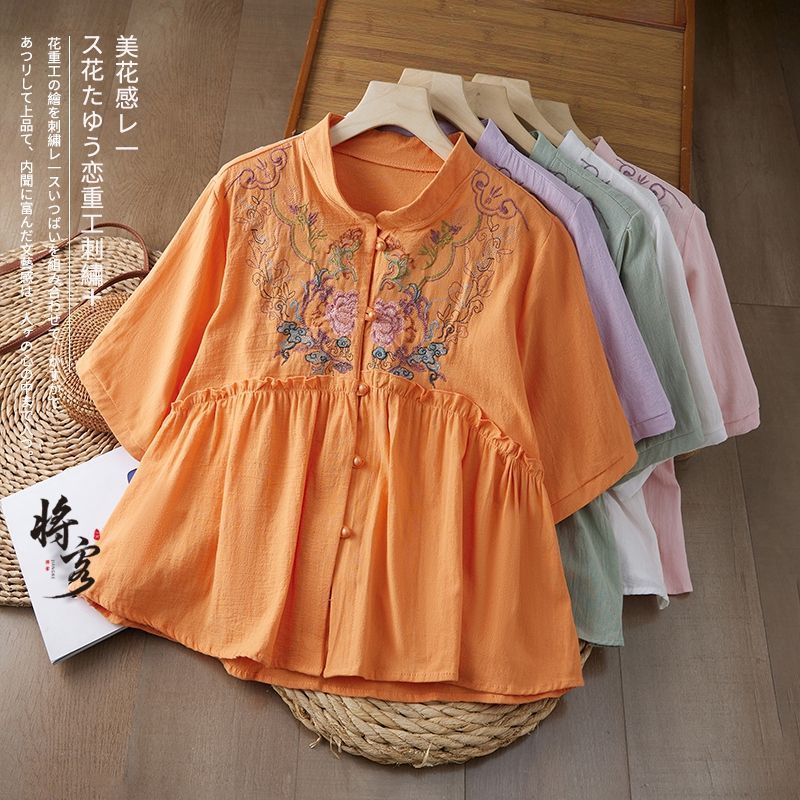 Retro Embroidered Cotton Linen Shirt 2026 New Retro Literary Shirt Loose Buckle Embroidered Summer Doll Top#qiu6.6