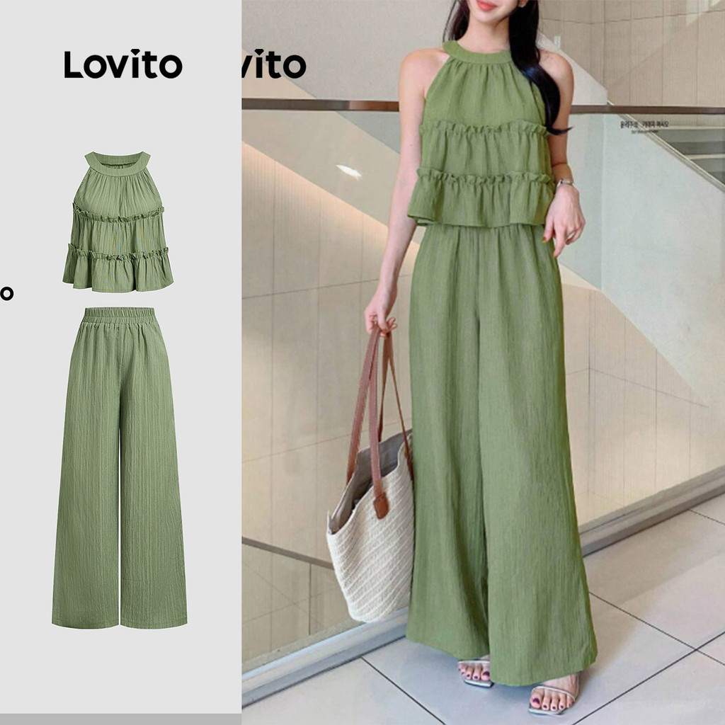 Lovito Elegant Pants Sets Ruffle Lettuce Trim Spring/summer Light Green Trousers Pants Sets for Women LB135LD425 Lovito Set Seluar Elegan Potong Salad Ruffle Musim Bunga/musim Panas Seluar Hijau Muda Set Seluar Untuk Wanita LB135LD425