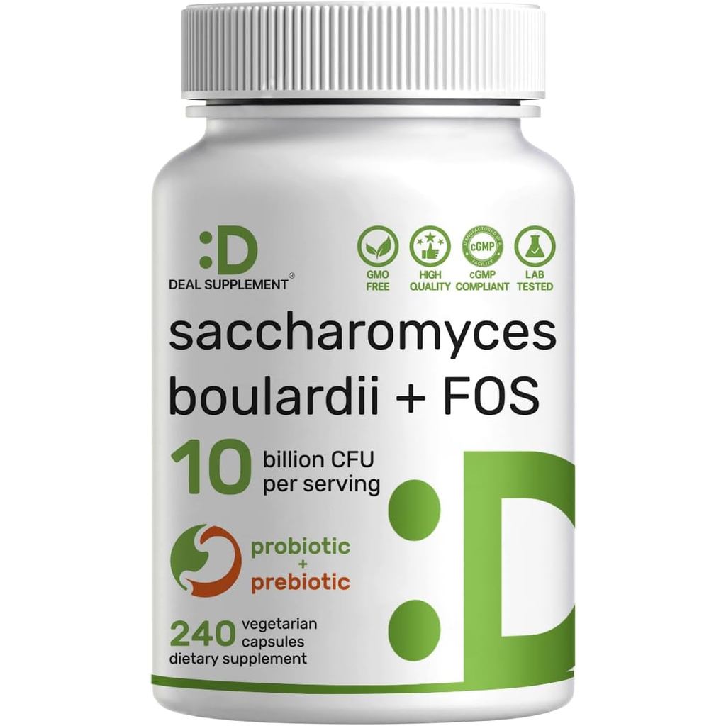 Saccharomyces Boulardii Probiotics + FOS Supplement, 10 Billion CFU, 240 Veggie Capsules – Probiotic & Prebiotic for Women & Men – Gut, Immune & Digestive Health Support – Non-GMO