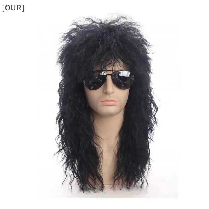 [OUR] 1 Piece Mullet Wig Long Curly Hair Wig Kiss 80s Roer Synthetic Wigs For Men Halloween Cosplay DIY Themed Costume Party null