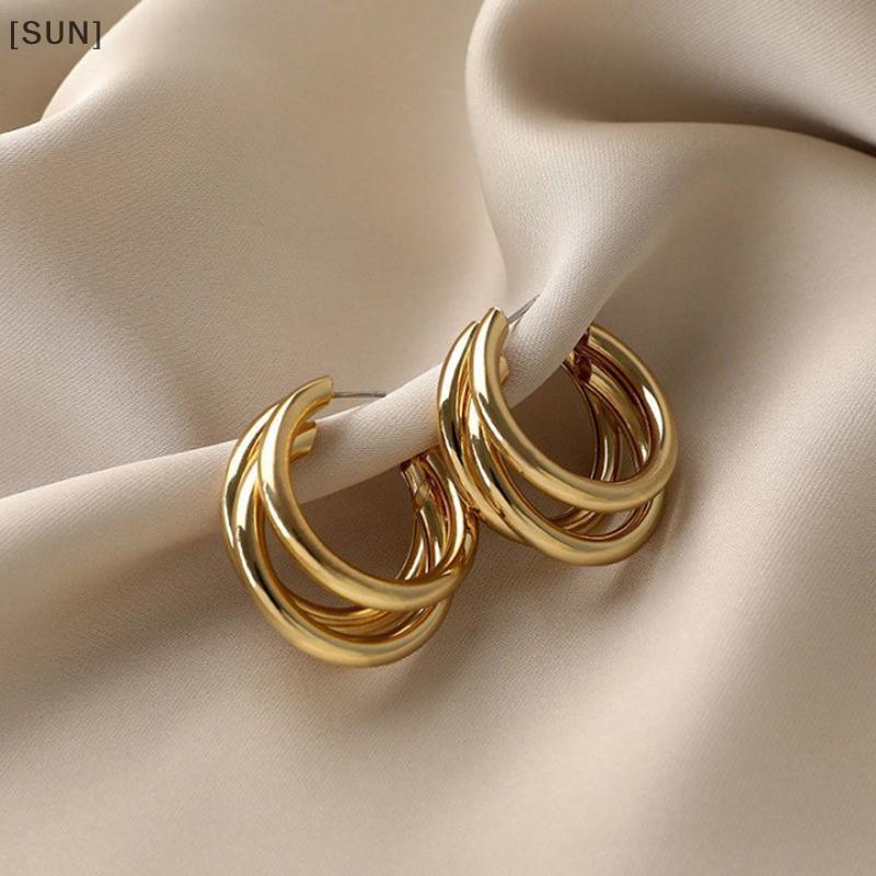 [SUN] 1Pair Minimal Design Metal Exaggerated Geometric Ear Stud Earrings For Women Girls Fashion Temperament Jewelry Party Simple Accessories null