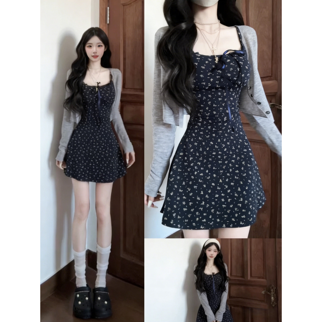 Navy Blue Floral Short Suspender Skirt - Early Spring Fashion | Grey Cardigan Set