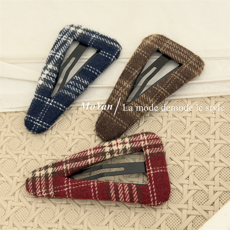 P Plaid Hollow Big Triangle Brushed Fabric Hair Clip Classy All-Match Back Head