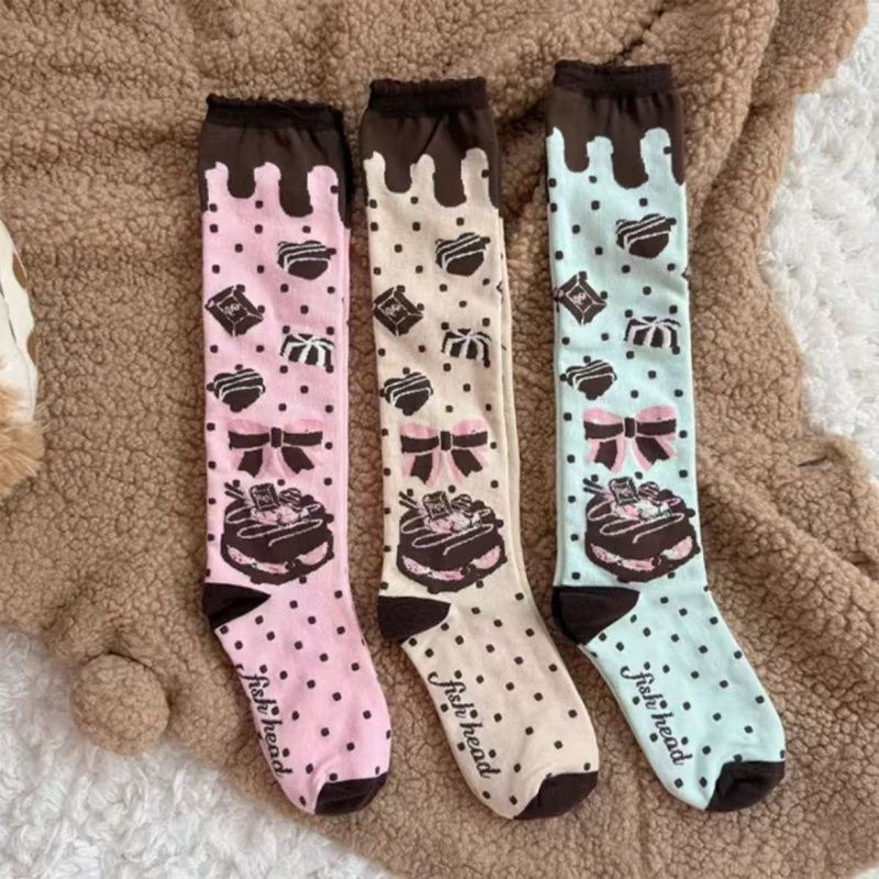Qiaoqiao Cake Knee-high Calf Socks - Chocolate Chip Cookie Print, Cotton | Lolita Style