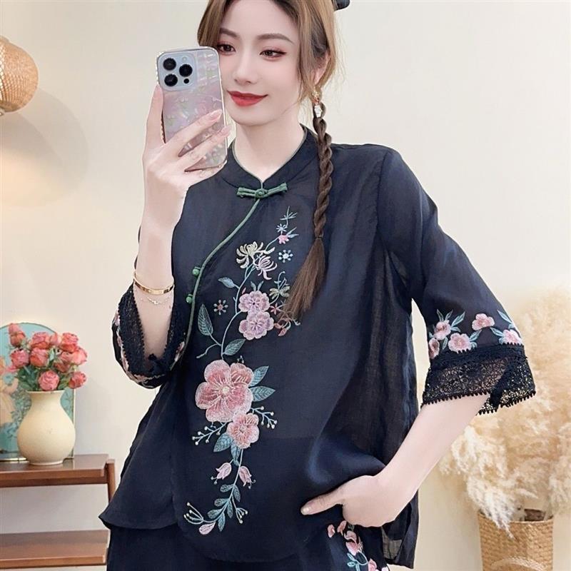 Cotton Linen Lace Diagonal Cropped Top - Ethical Retro Summer Fashion