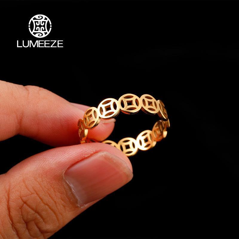 LUMEEZE 'Does Not Fade' Stainless Steel Vintage Copper Coin Money Catcher Classic Versatile Wealth Luckly Finger Pentacle Couple Rings Jewelry Gift TS379#