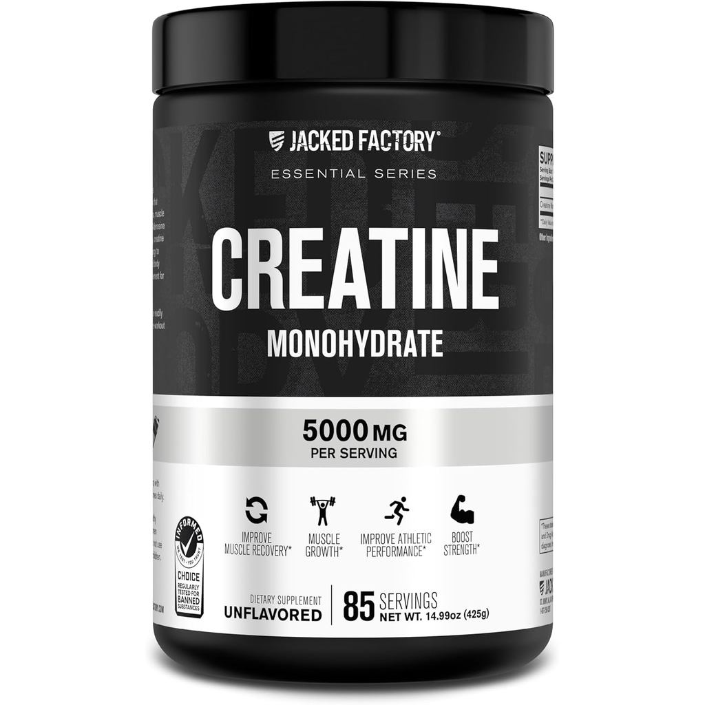 Jacked Factory Creatine Monohydrate Powder 425g-5g Daily Creatine Supplement, Unisex, Vegan Friendly, Third Party Test-85 Servings, Odorless
