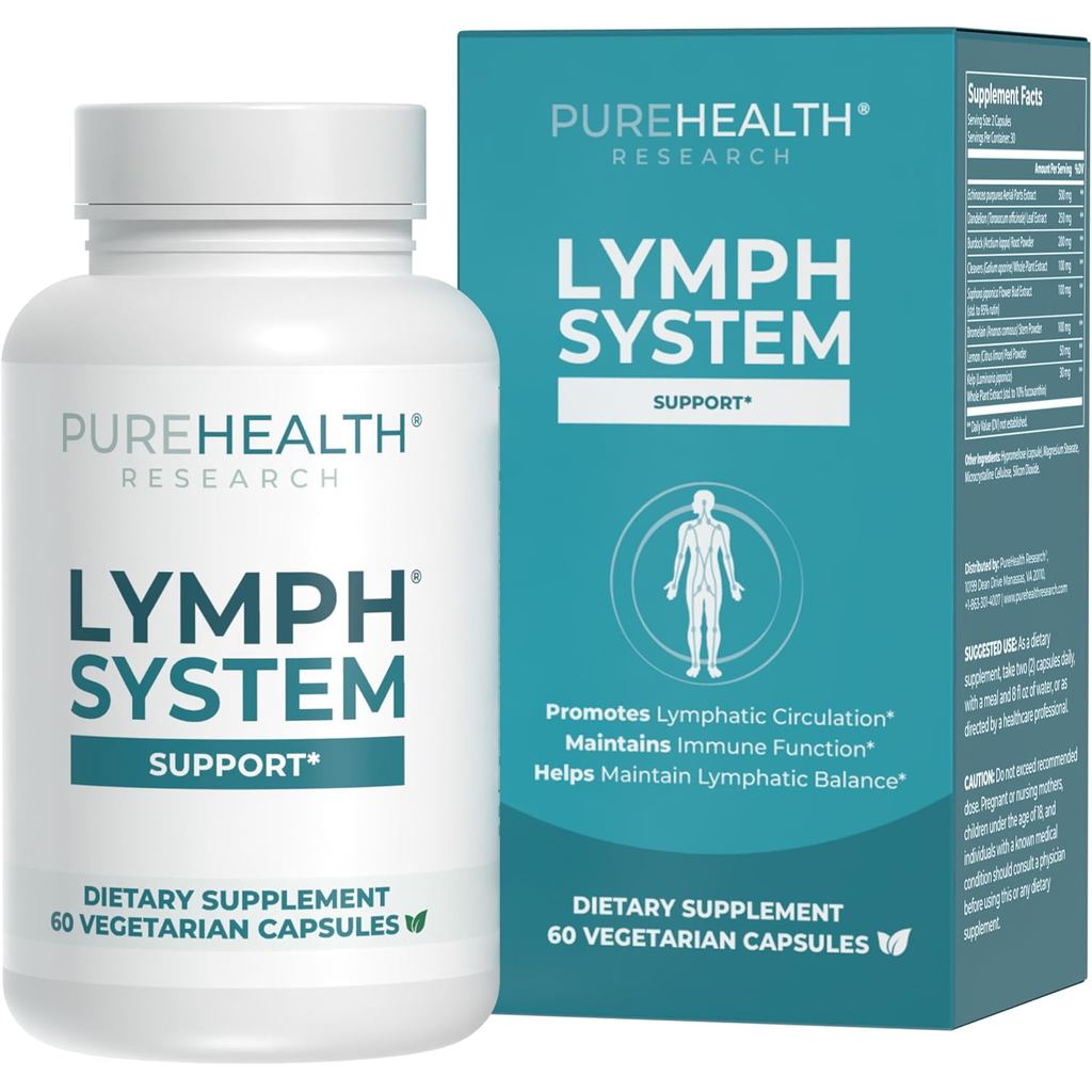 PUREHEALTH RESEARCH Lymph System Support - Lymphatic Drainage Supplement for Women & Men - Bromelain, Echinacea, Dandelion, Burdock Root, Lemon Powder, Kelp, Cleavers & More - 60 C