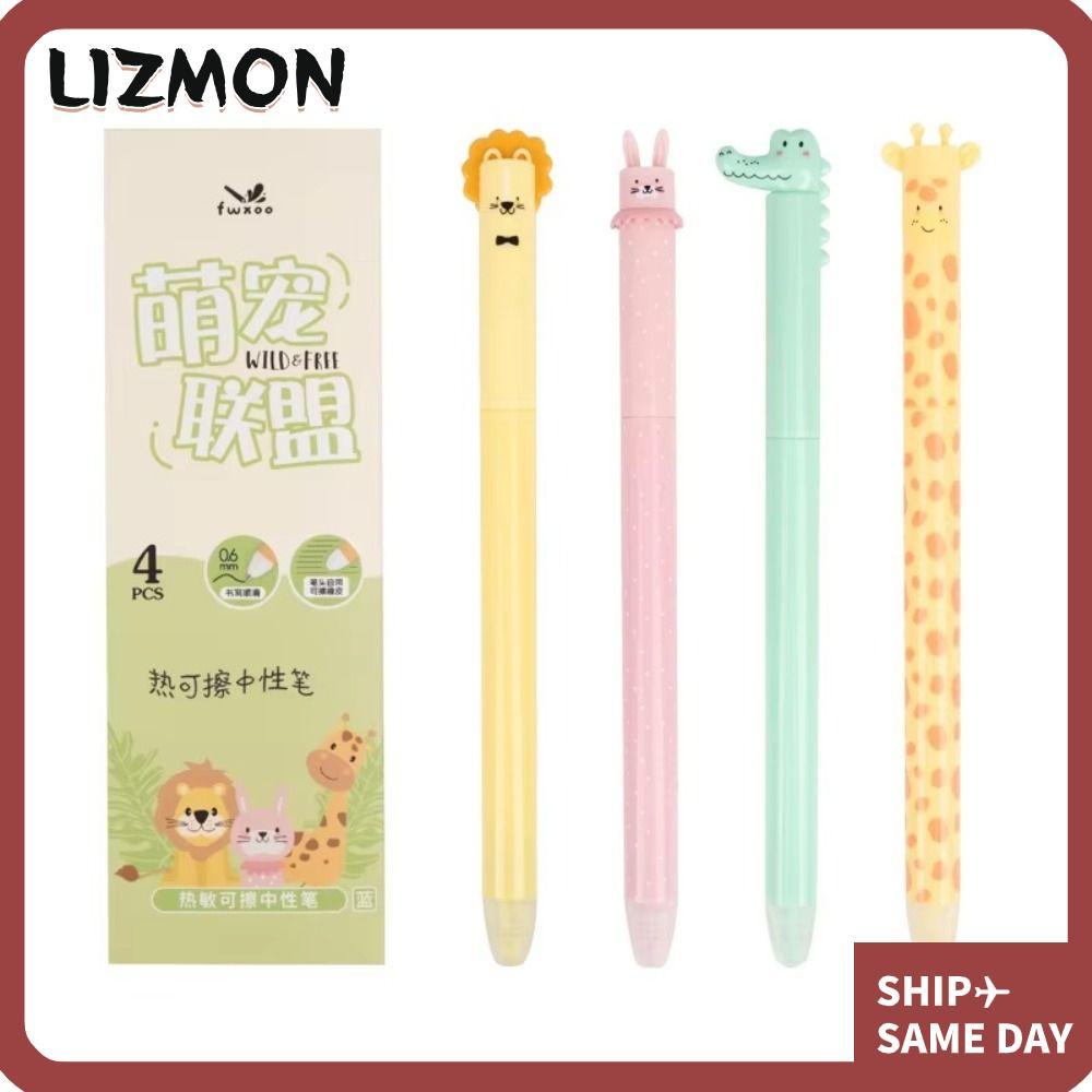 LIZMON 4PCS/Box Erasable Pen, 0.5mm Blue Ink Rotating Using Gel Pen, Quick Drying Animal Shaped Neutral Pen School Office