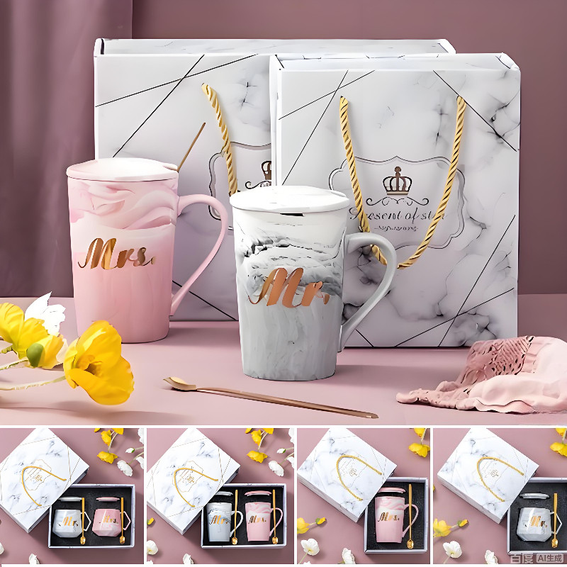 Alphabet Pattern Ceramic Mug Gift Couple Cup Wedding Gift Set Marble-Patterned Coffee Cup with Spoon Lid 情侣杯送礼佳物