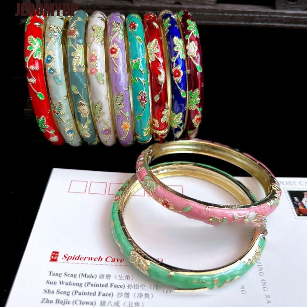 JEROMYDP Chinese Cloisonne Bracelet, Enamel Chinese Peony Filigree Flower Bangle, Handicraft Ethnic Double Bangle Traditional Women's Hand Bracelet Gifts for Women Girl