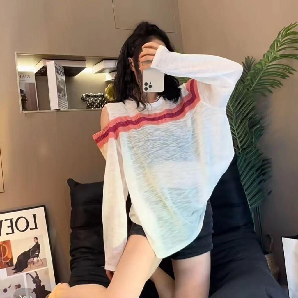 Korea Contrast Color Off-The-Shoulder Long Sleeve T-Shirt - Lightweight Sunscreen Women's Top