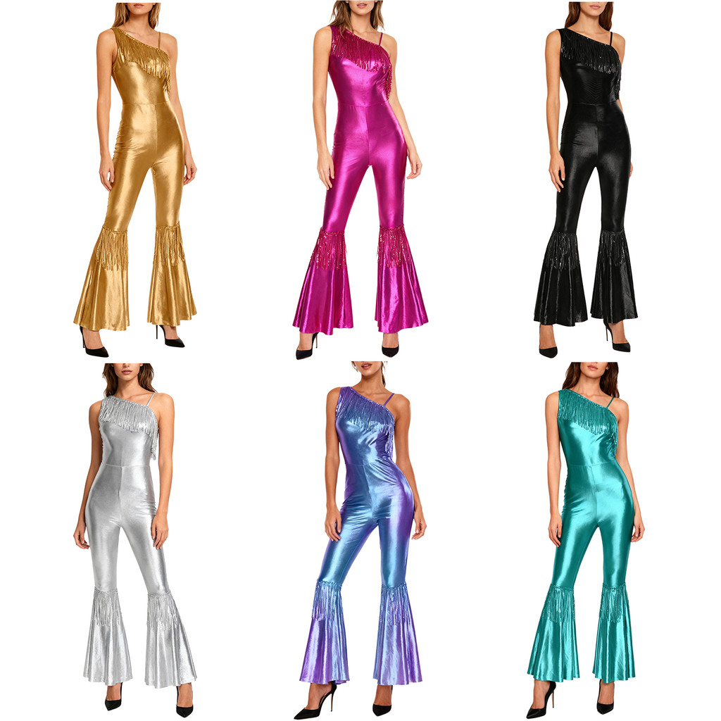 inhzoy Womens Vintage 70s 80s Disco Dance Jumpsuit Sequin Tassel One Shoulder Sleeveless Bell Bottom Long Pants Metallic Shiny Rompers for Club Stage