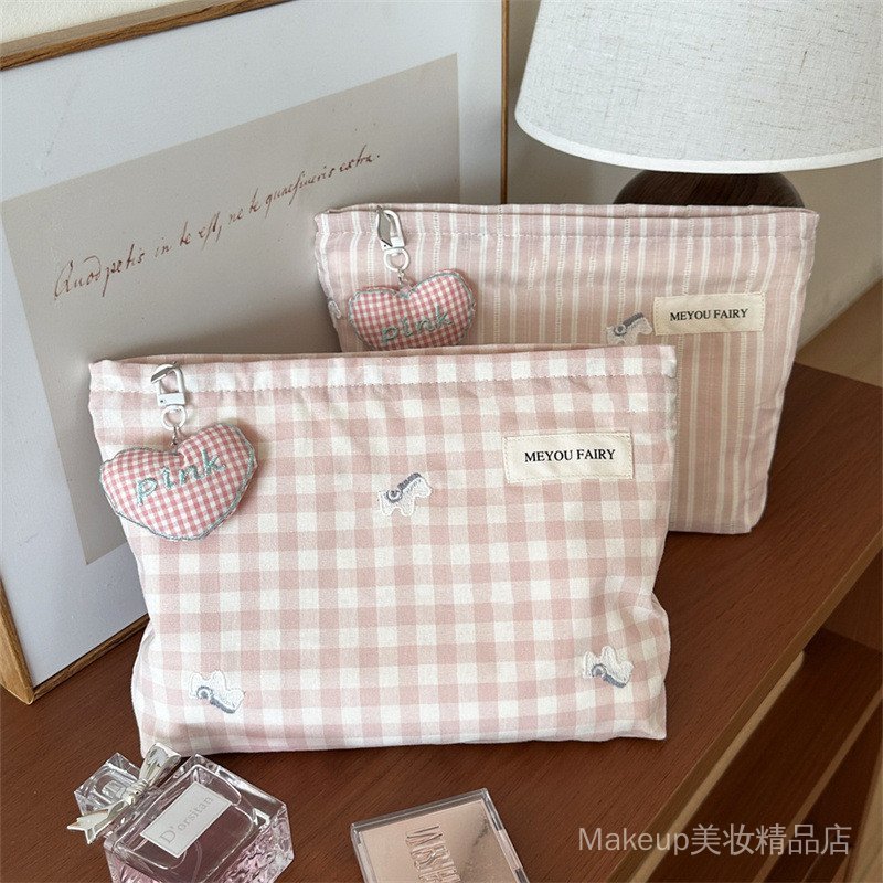 Cosmetic Bag ins Style Large-Capacity Portable Student Pencil Case Lattice High-value Cute Wash Bag Liner Bag Storage
