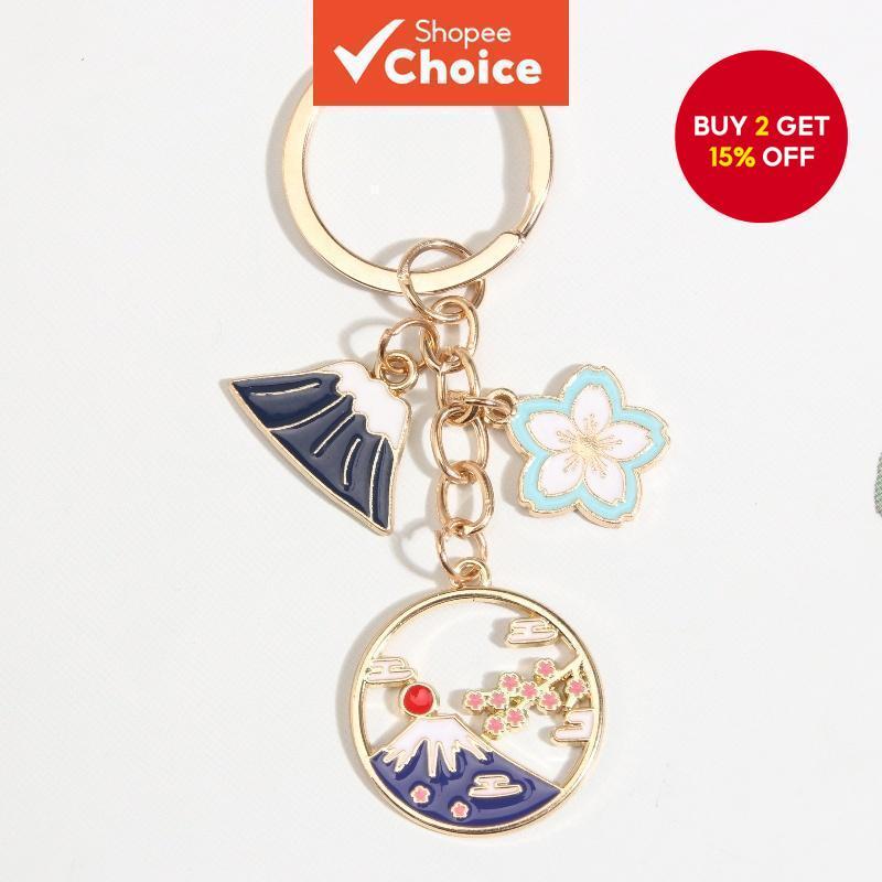 Cartoon Cherry Blossom Mount Fuji Enamel Keychian Flower Plant Key Ring For Women Handmade Jewelry Set