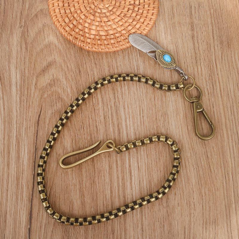 Unisex Vintage Metal Chain Pants, Vintage Copper Color and Vintage Silver, with Fashion Blue Feather Pendant, Durable Unique Street Clothing Fashion Jewelry Accessories