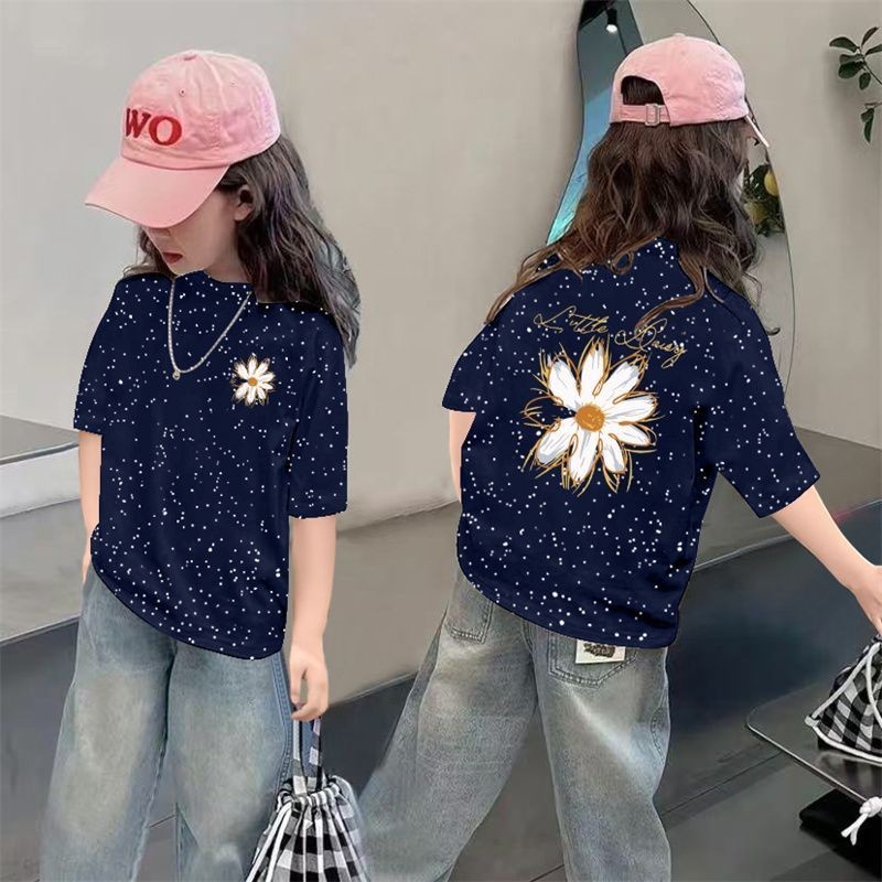 Pure Cotton Girls Short-Sleeved t-Shirt Children's Round Neck Half-Sleeved Western Style#纯棉女童短袖t恤儿童圆领半袖洋气#