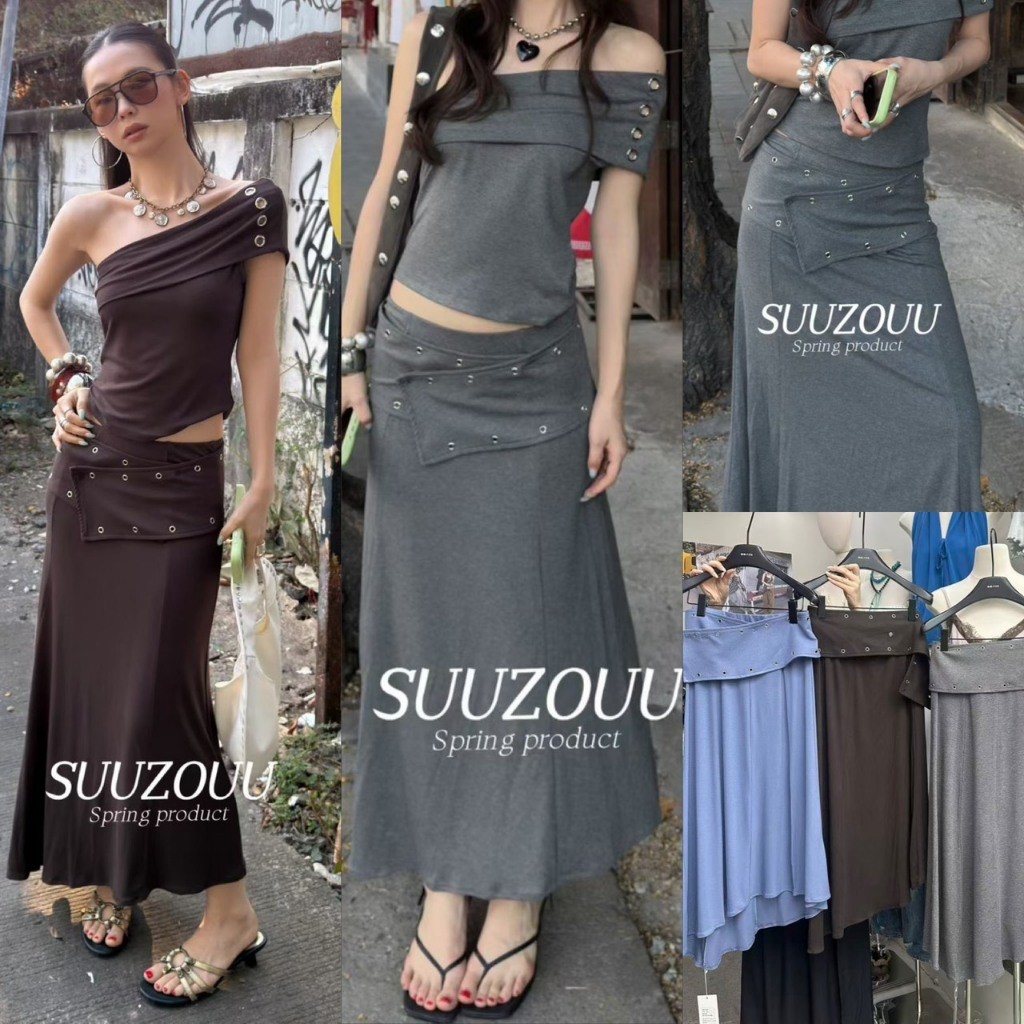 SU093 Long Skirt Flowing Fabric Decorated With A Waistband With Silver Shoulders Beautiful Shape Korean Fashion TAG MM Fish