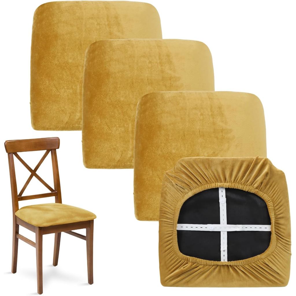 Sarung Kerusi Kerusi Emas MANSPHIL Set 4 - Sarung Kerusi Ruang Makan Regangan Tebal & Tinggi untuk Dapur Sarung Tempat Duduk Campuran Spandex Baldu Boleh Basuh Pelindung dengan Tali