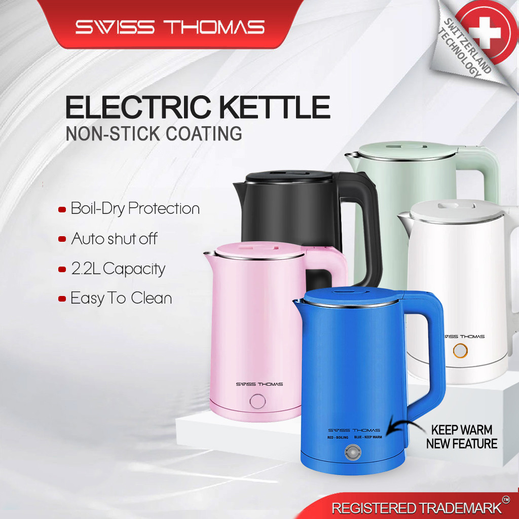 SwissThomas Auto Boiling Electric Kettle Double Layer Heat Insulation Cerek Air Panas (1500W/2.2L)