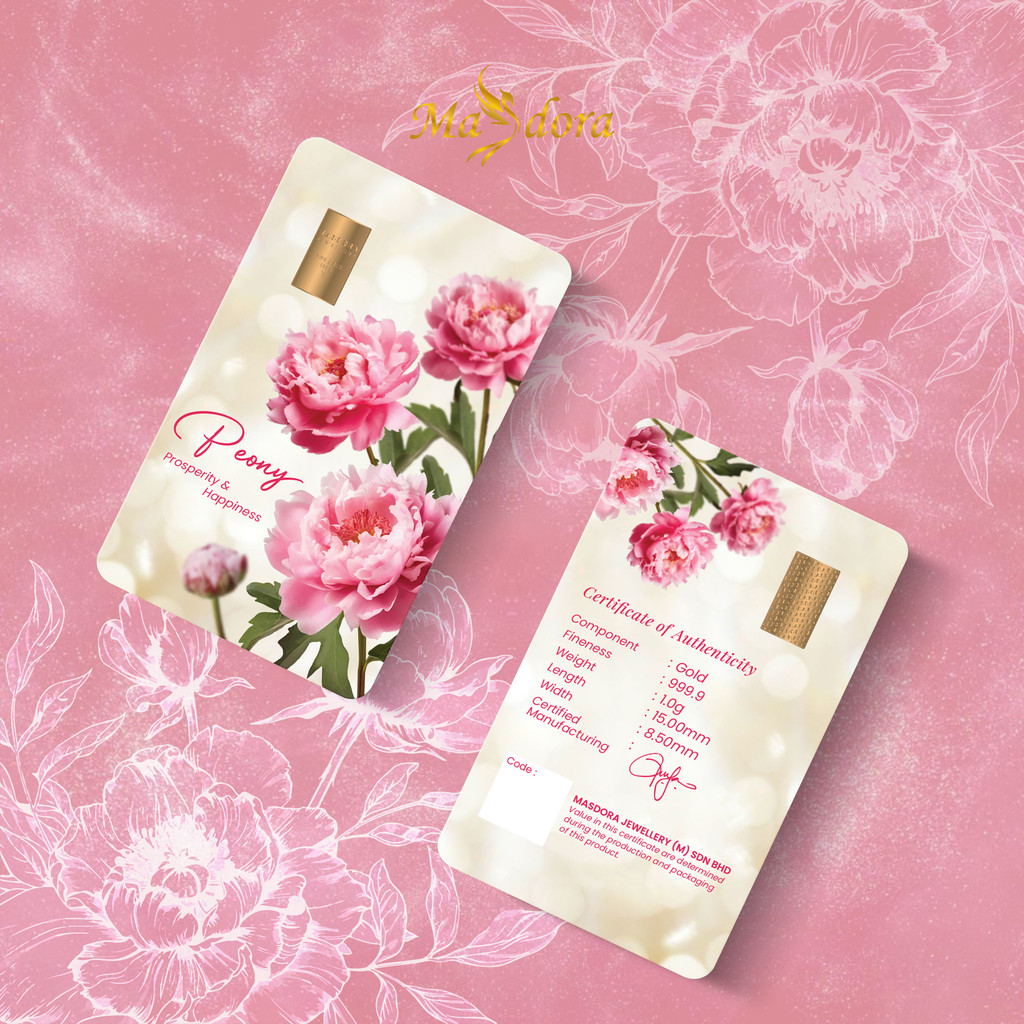 MASDORA 999.9 Gold Bar 1.00GM Flower Series ~ Peony (EMAS 999.9/24K)