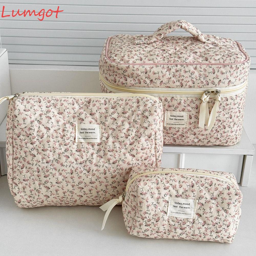 MERY Floral Makeup Pouch, Zipper Large Capacity Aesthetic Cosmetic Organizer, Sweet Corduroy Skincare Clutch Makeup Brush