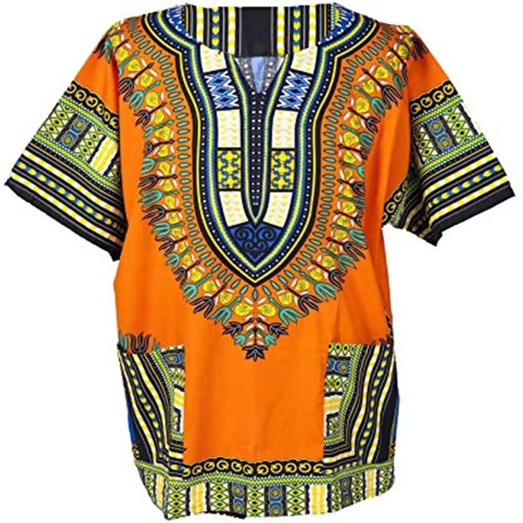 Tribal hippie style, various colors are very suitable for holiday craft clothing, suitable for both men and women, orange traditional African Dashki cotton shirt