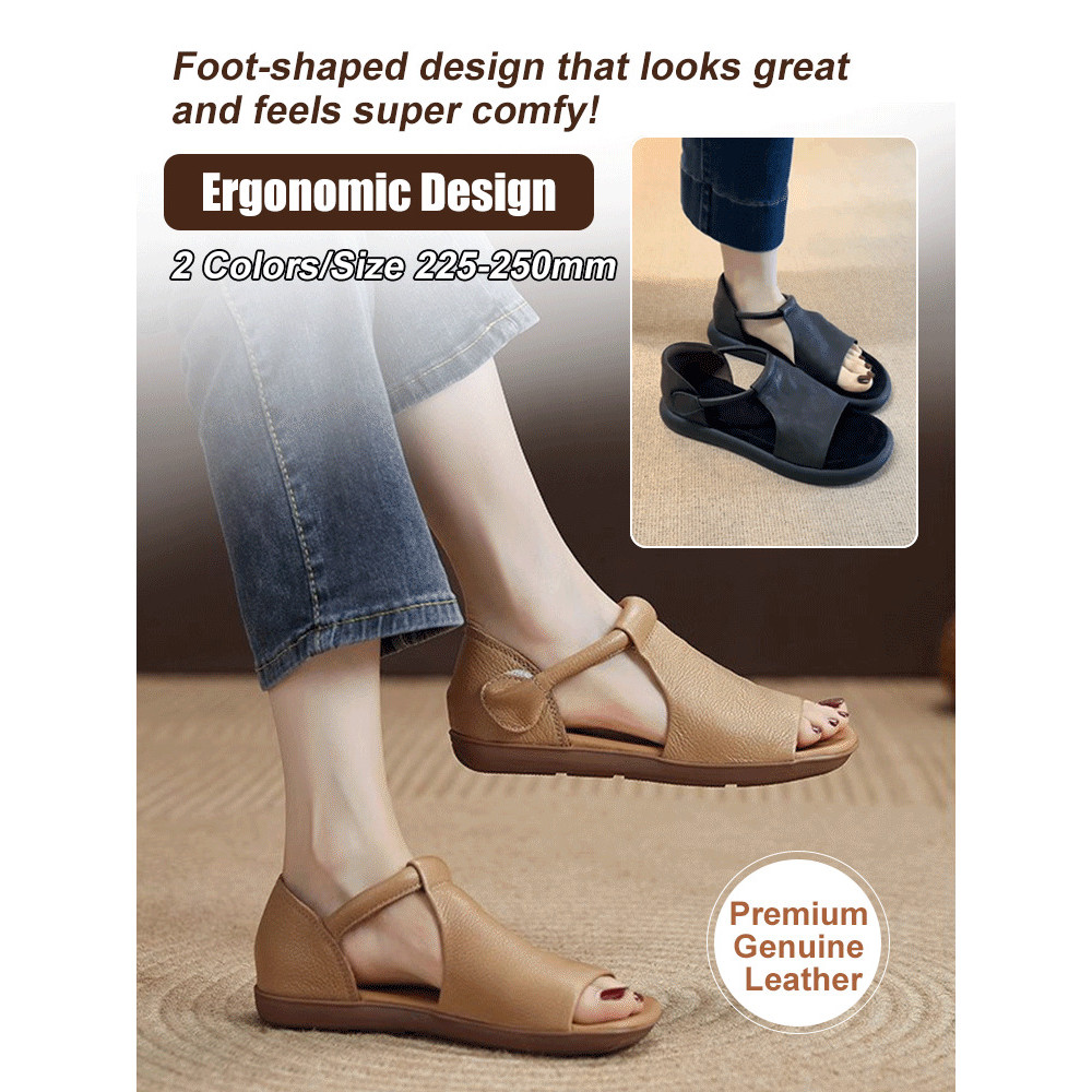 Genuine Leather Sandals Women Handmade Breathable Non Slip Casual Flat Vintage Roman Women's Handmade Casual Fish Mouth Cowhide Sandals/Genuine Leather Shoes/Vintage Hollow Cowhide Shoes/Vintage Sandals/Low Heel Sandals/头层牛皮女士凉鞋