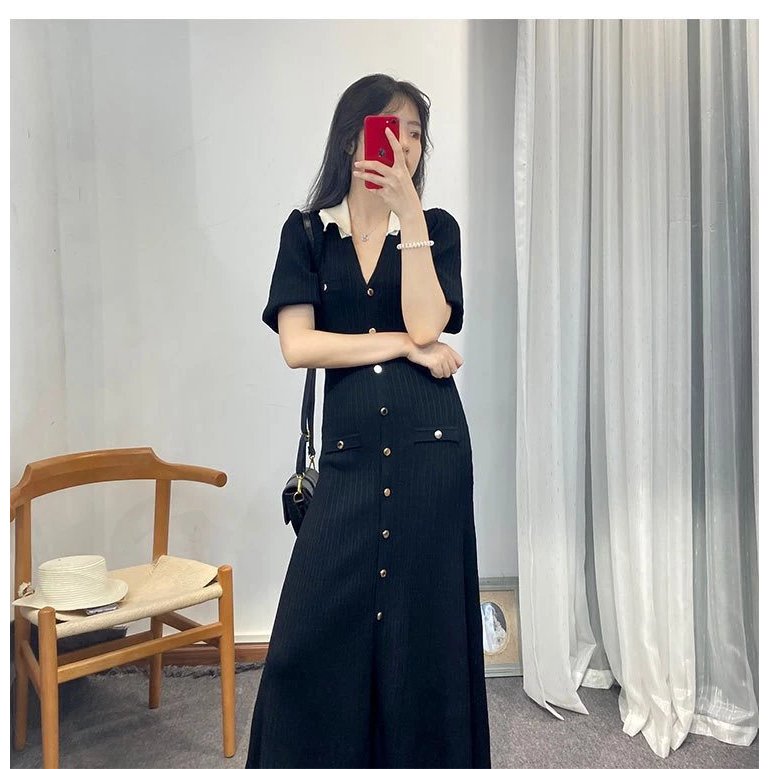 Spring/Summer Elegant Color-Blocking Ice Silk Short-Sleeved Skirt | French Fashion
