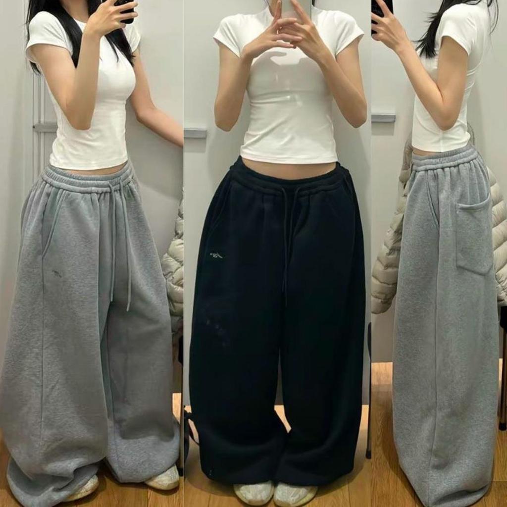 【READY STOCK 】Cherry Women's Vintage American Casual Loose Embroidered Patchwork Wide-Leg Lounge Dance Sweatpants