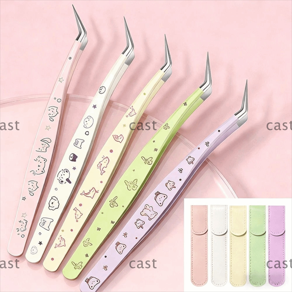 CAST False Eyelash Tweezers, With Leather  Stainless Steel Lashes Extension Tweezer, Professional Cartoon High Precision Anti-static Eyelash Curler Beauty Makeup Tools